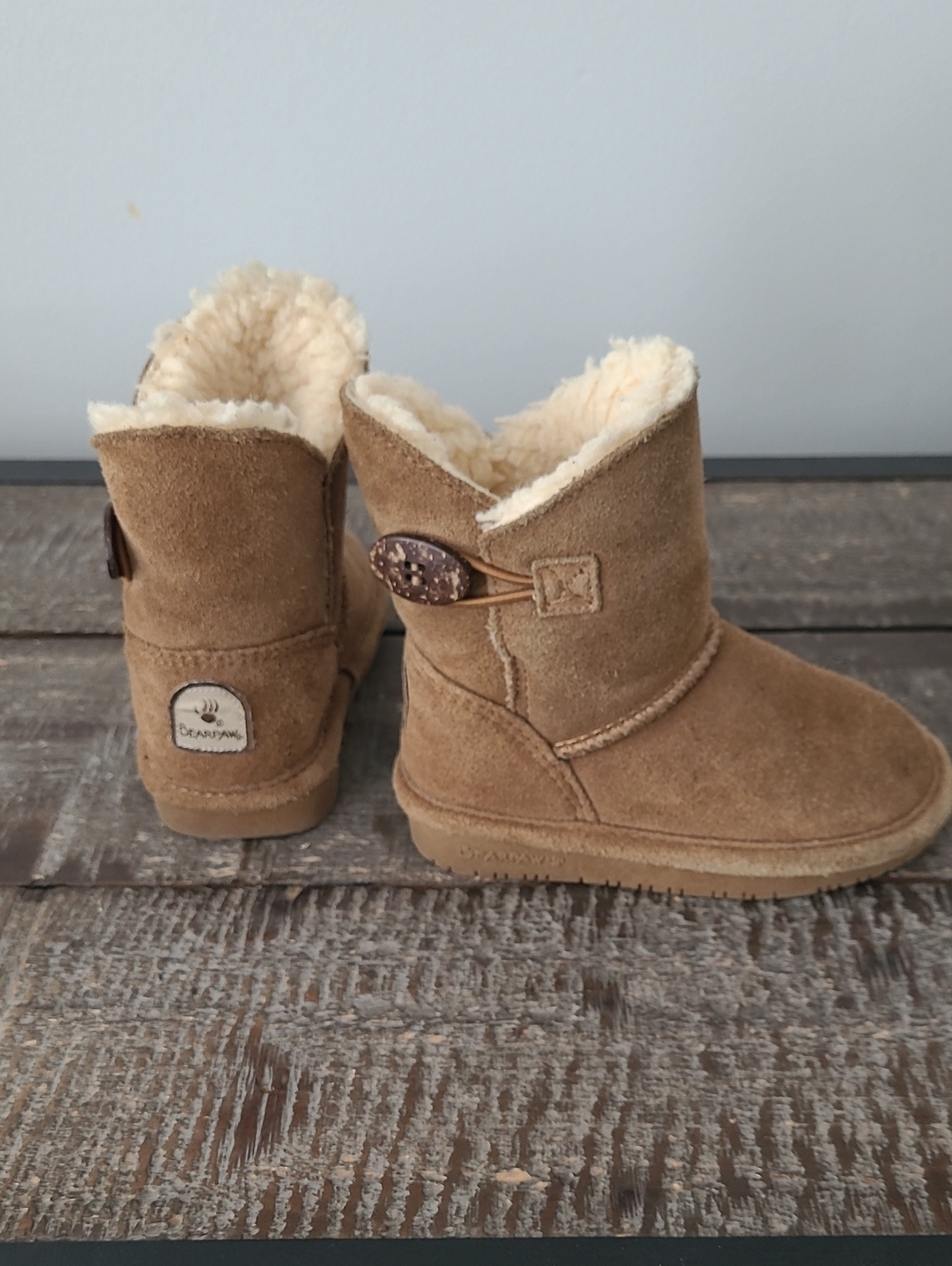 Toddler 7 Bearpaw Tan Suede Shearling Button Boots Slippers